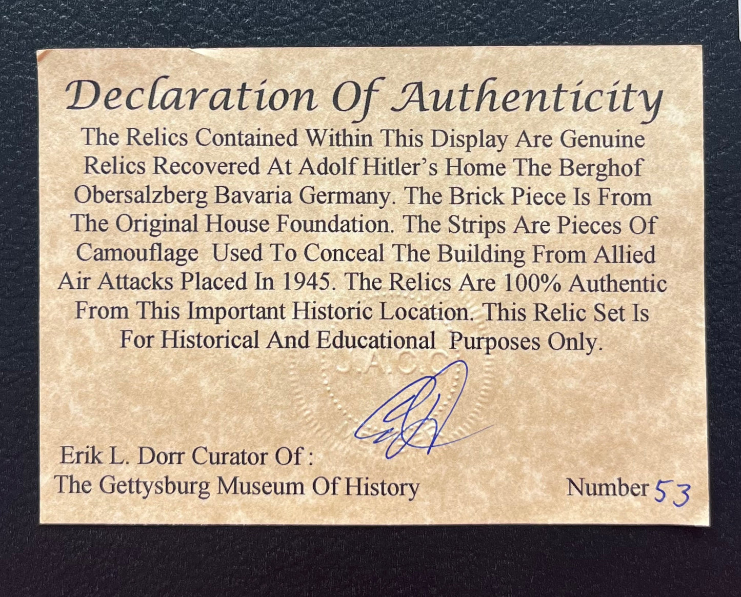 Authentic Brick From Adolf Hitler’s Berghof (Mountain Home) And Camo Piece In Deluxe Collector’s Glass Case Certified By The Gettysburg Museum Of History