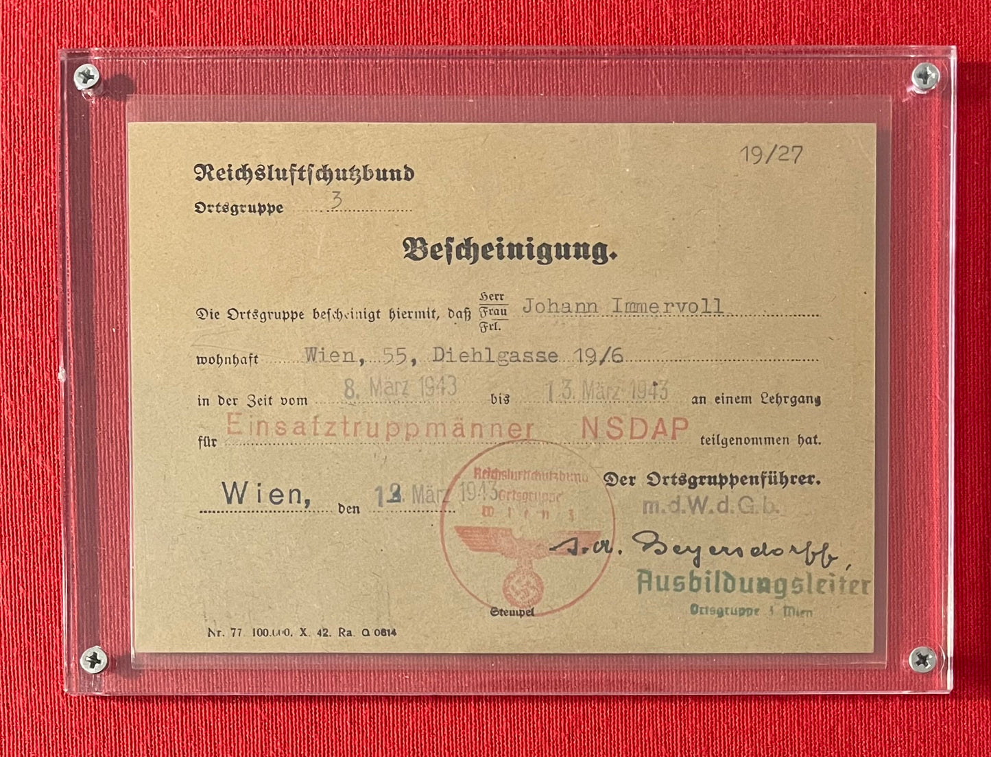 WW2 German 1943 NSDAP (Nazi Party)Training Course Certification Card