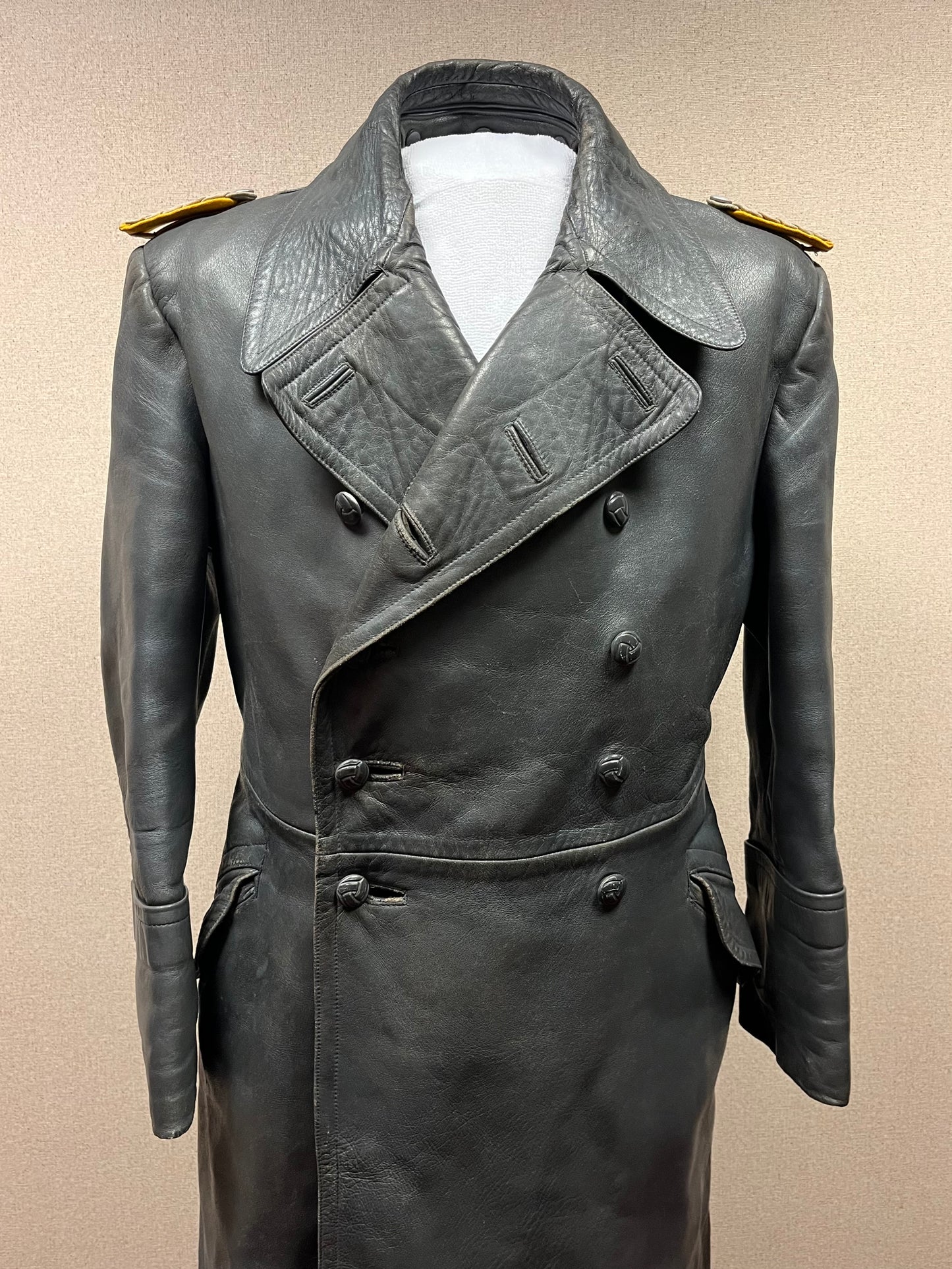 Authentic WW2 German Luftwaffe Leather Greatcoat Trench Coat W/ Shoulder Boards - Label & Name 