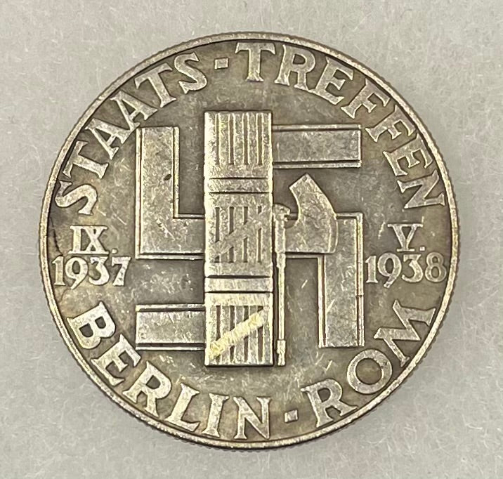 Pre-WWll 1938 German Mussolini & Hitler “State Meeting” Medal by F. Beyer