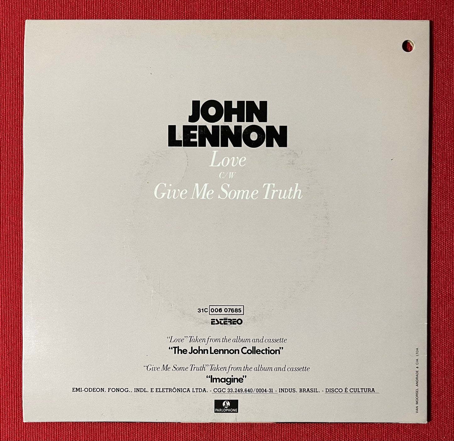 JOHN LENNON- LOVE (BRAZIL PRESSING) 45RPM 7” RECORD 31C 00607685 / SCARCE