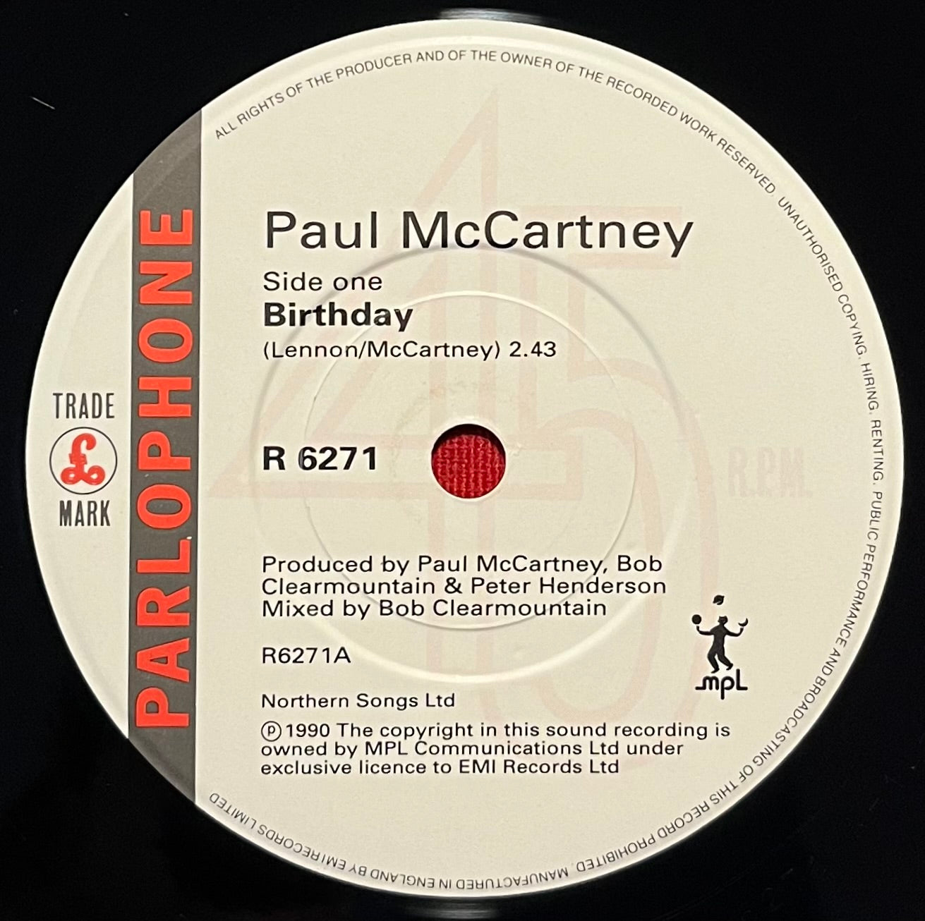 The Beatles (Paul McCartney) - Birthday 7” 45 RPM Record 1990 OG / UK Pressing