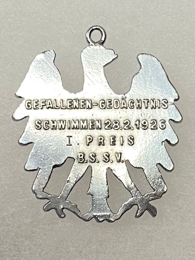 1926 Imperial German “Sports” Swimming Competition Eagle Pendant/Medal 1st Place .900 Silver