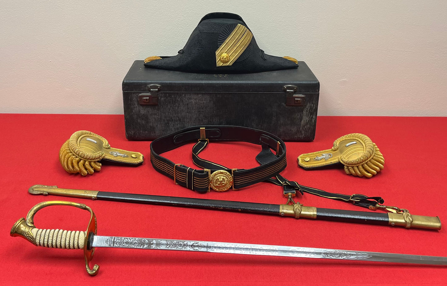 U.S.N Navy Officer's Bicorn Hat, Epaulettes, Sword & Belt - Cased Set