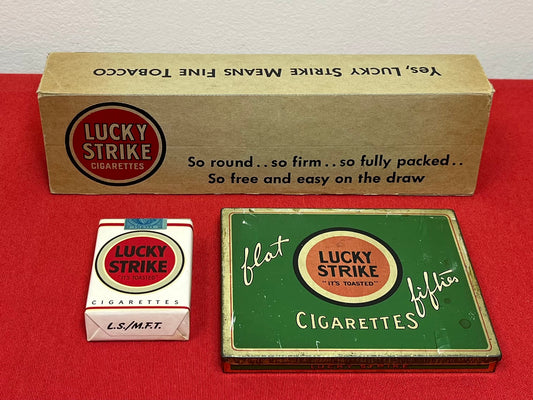 AUTHENTIC WWll ERA LUCKY STRIKE CIGARETTE CARTON & TIN W/ REPRODUCTION PACK