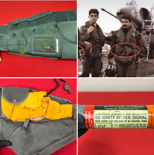 U.S.N. PILOT'S MK3C LIFE PRESERVER, FLARES, WHISTLE, BELT & DYE SWITLIK PARACHUTE CO. VIETNAM WAR ERA