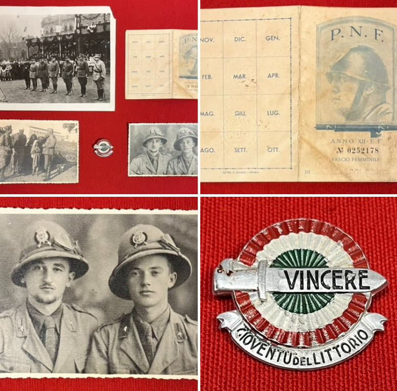 WWII Fascist Youth (GIL) Victory Tinnie & Membership Card + Photos (Scarce)