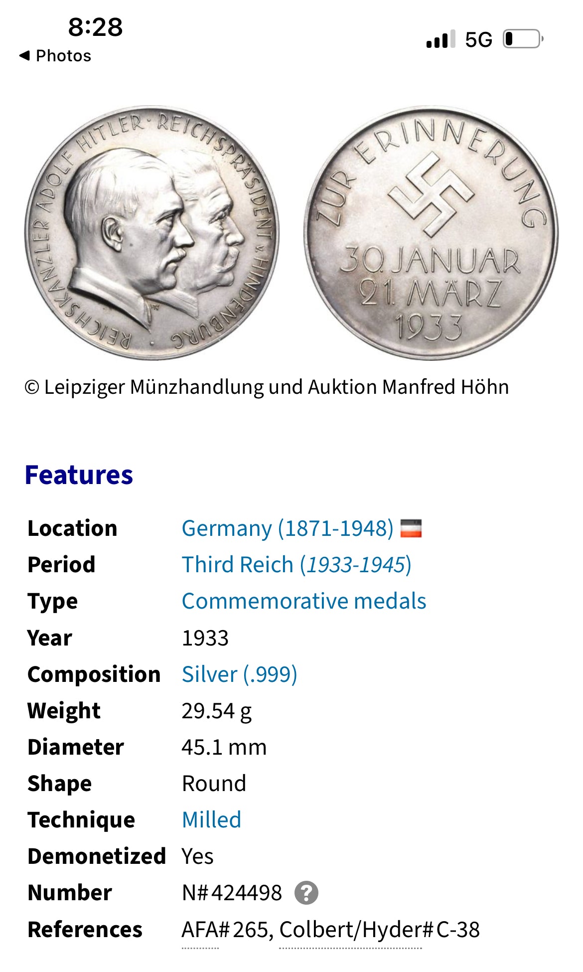 WW2 German .999 Silver Medal - Seizing of Power by Adolf Hitler