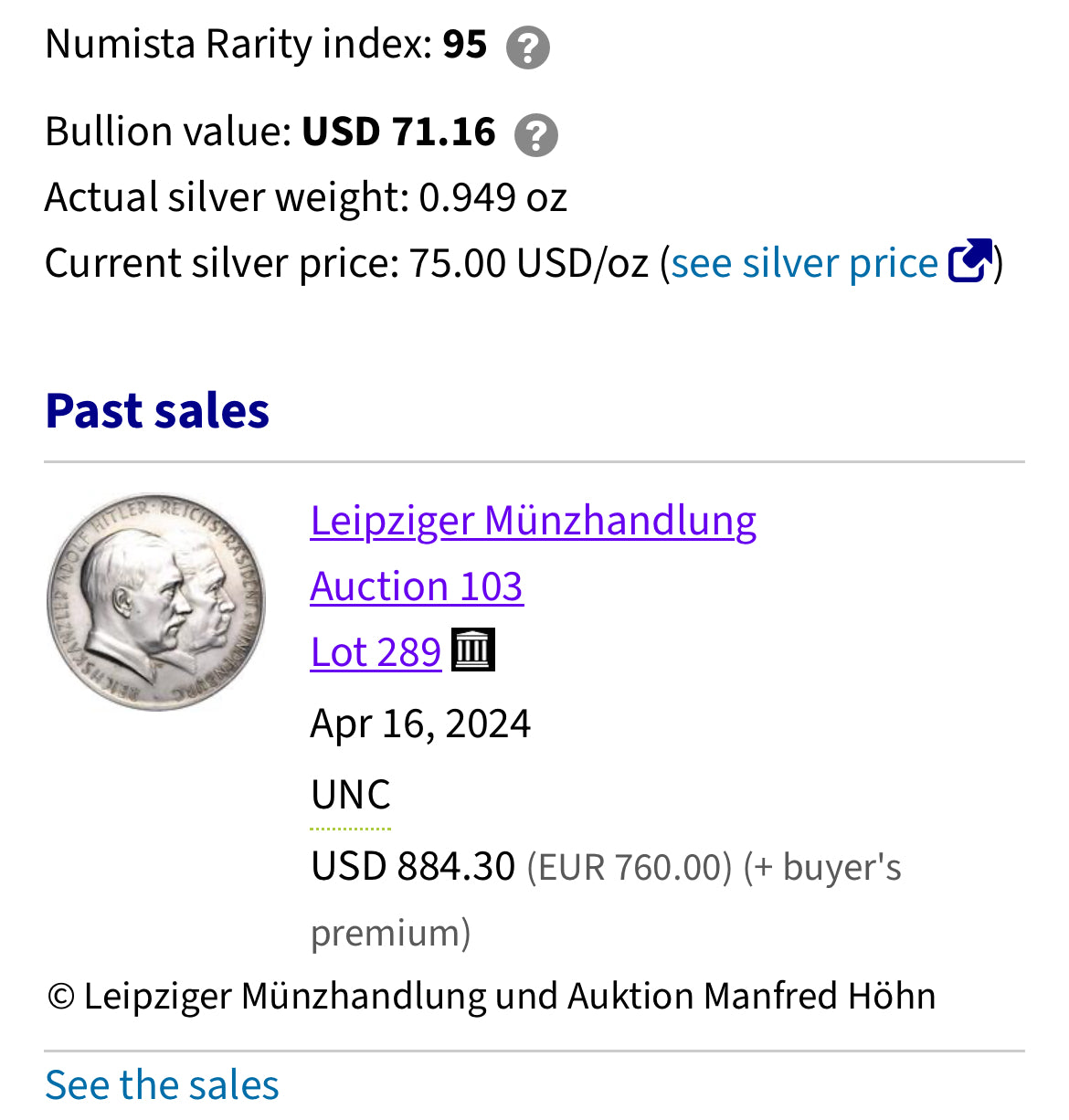 WW2 German .999 Silver Medal - Seizing of Power by Adolf Hitler