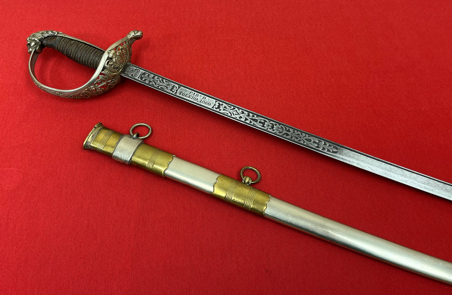 Pre-Spanish American War Spanish Officer’s (High Ranking) Silver Hilted Lions Head Sword Toledo Dated 1860