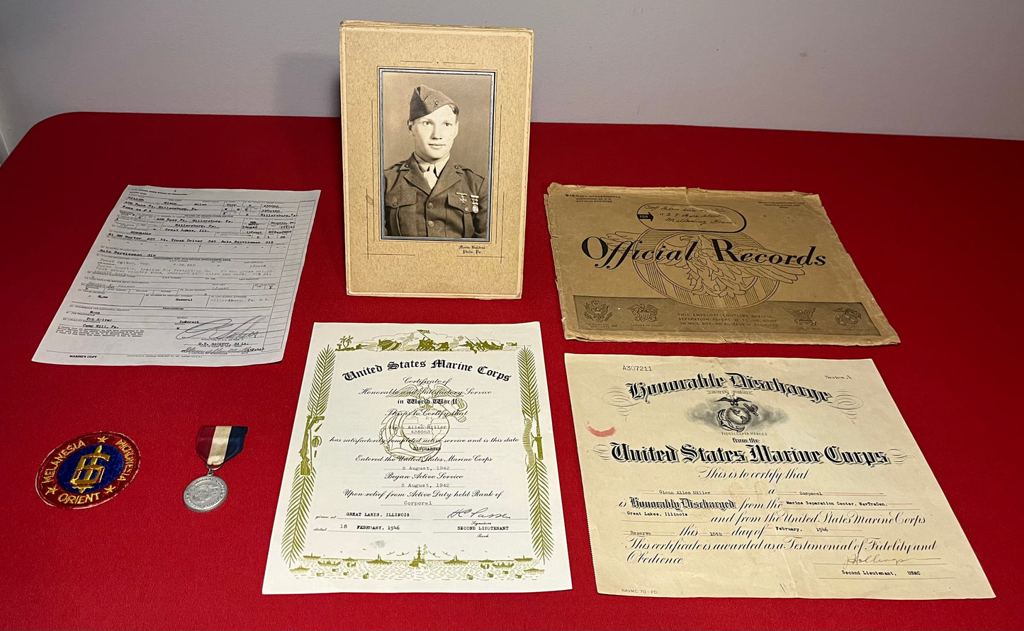 WW2 U.S.M.C Marine Okinawa Grouping of Corporal Glenn Miller of Millersburg, Pa