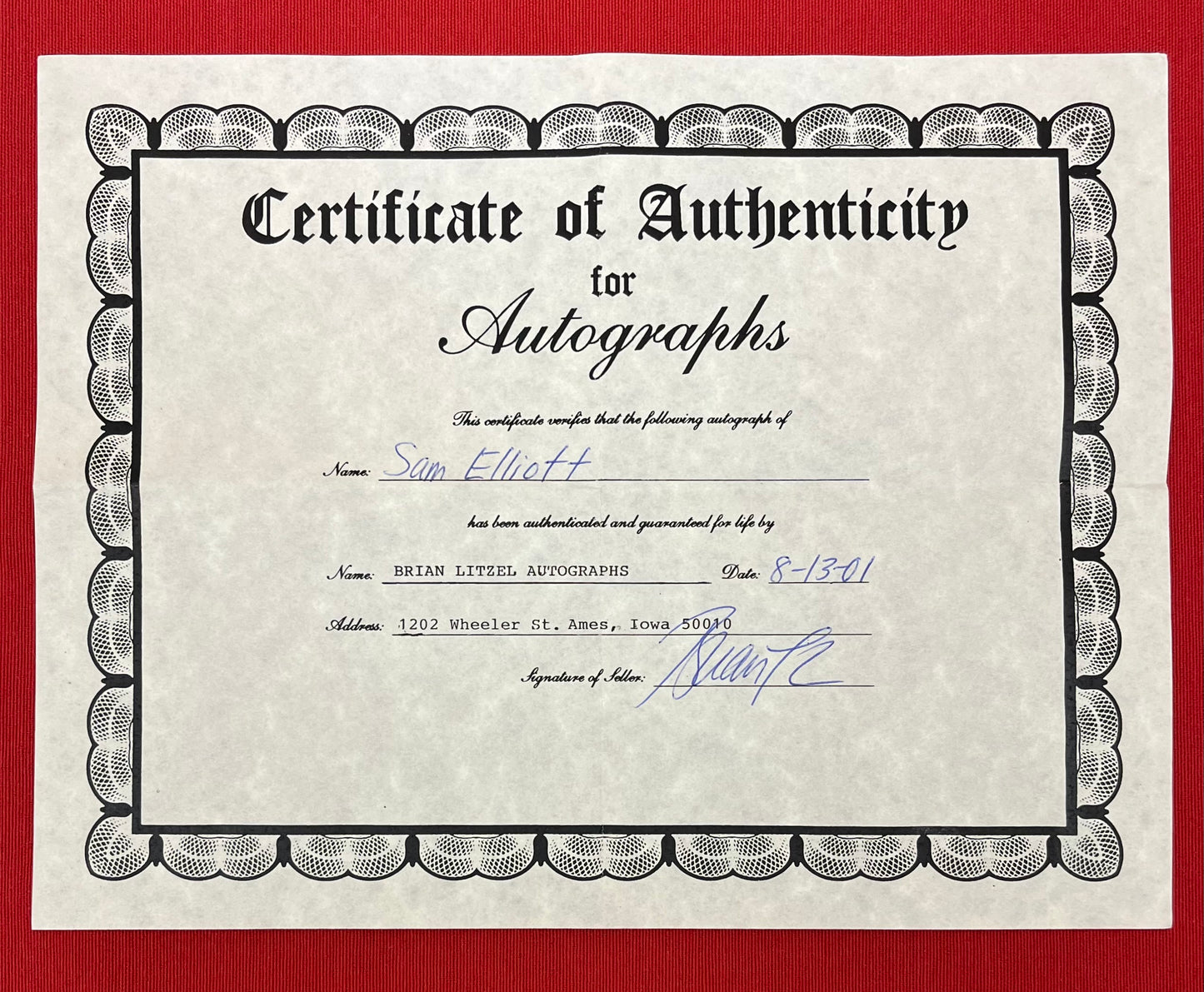 Sam Elliott - Hand Signed 8x10 Movie Photo Vintage + COA Gettysburg 1993