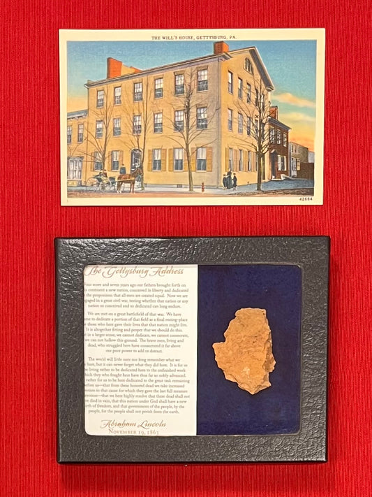 Authentic Gettysburg Address Lincoln Artifact - The David Wills House Piece of Brick & Post Card