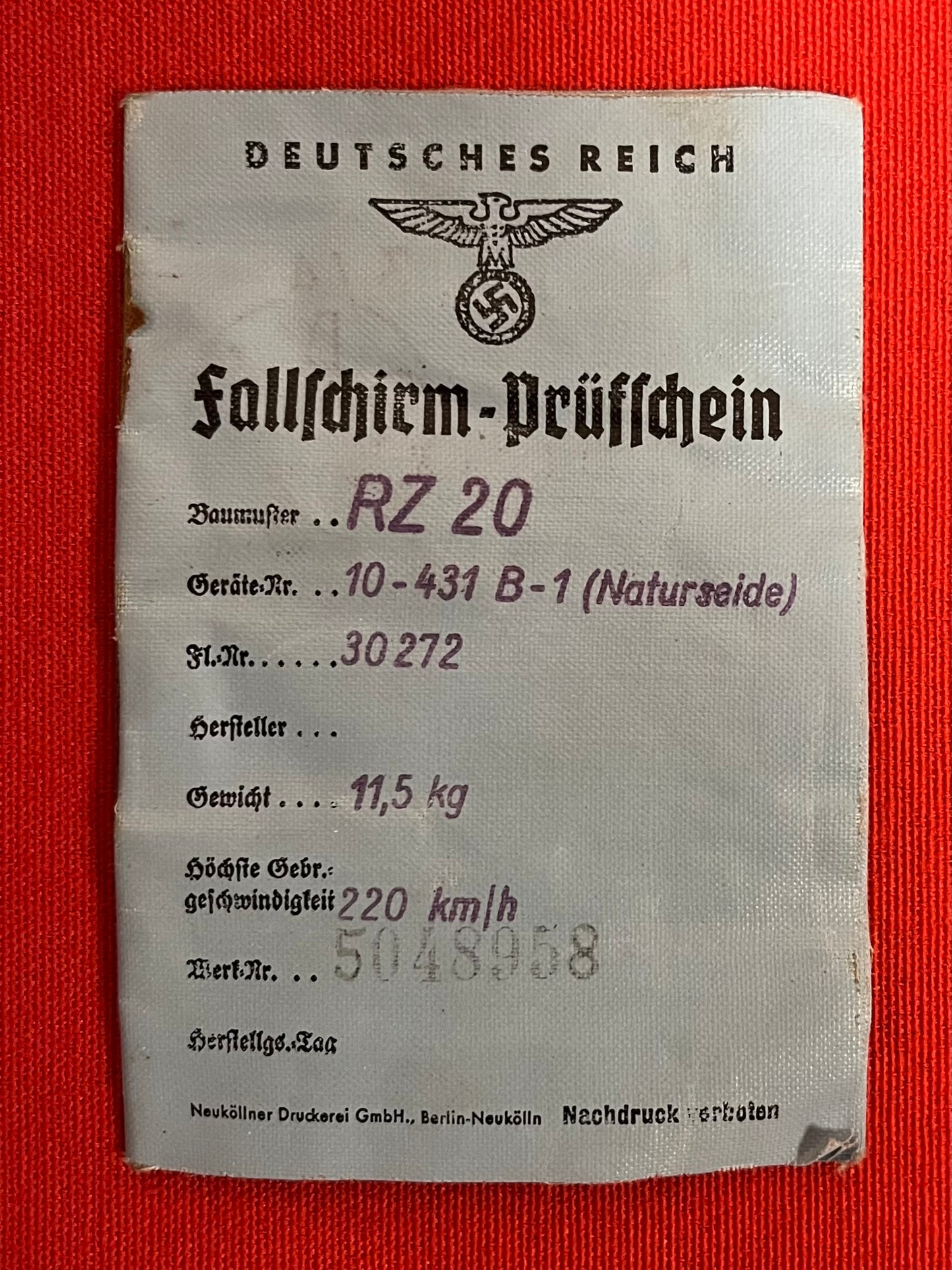 Original WWII German RZ20 Luftwaffe Fallschirmjäger (Paratrooper) Parachute & Bag Complete Set