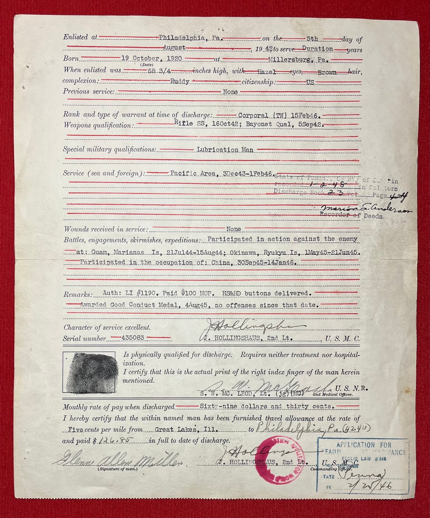 WW2 U.S.M.C Marine Okinawa Grouping of Corporal Glenn Miller of Millersburg, Pa