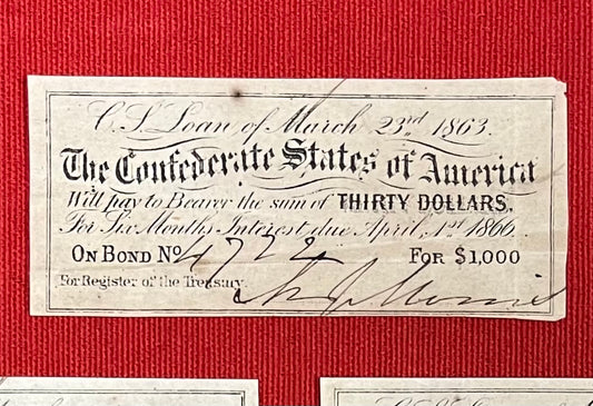 Authentic 1863 C.S.A $30 Civil War Confederate Bond/Notes