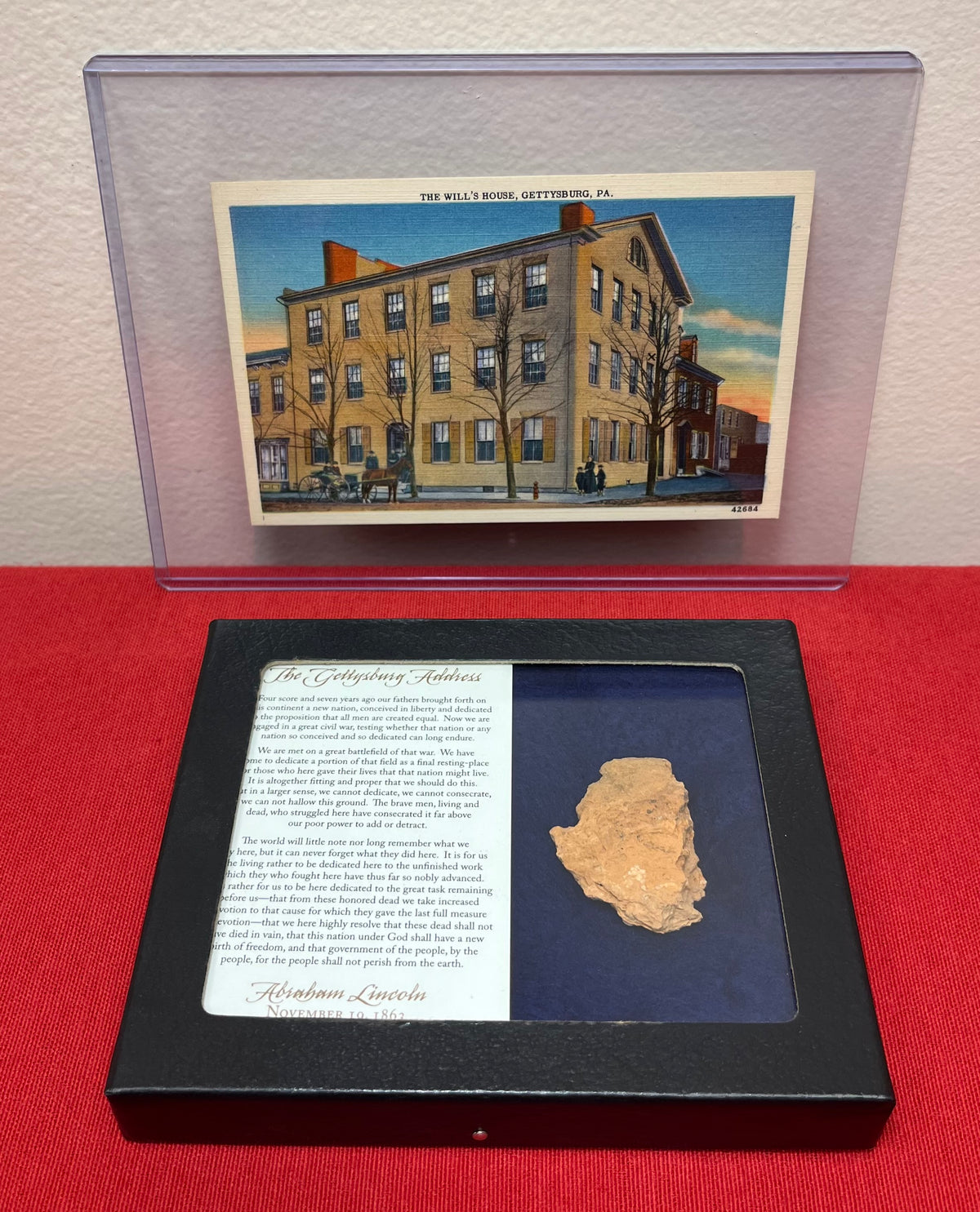Authentic Gettysburg Address Lincoln Artifact - The David Wills House Piece of Brick & Post Card