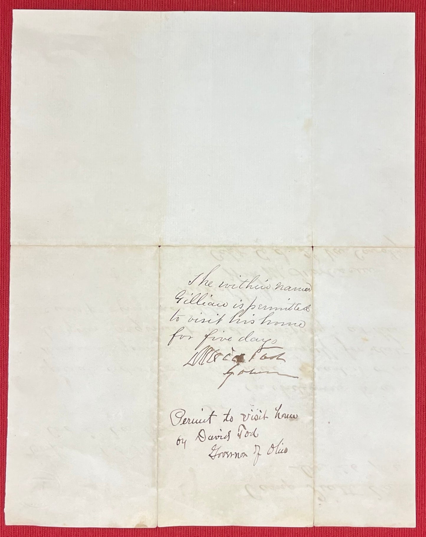 Civil War Document Letter Co. D 2nd VA Calvary - Camp Piatt VA 1862 Permission to visit home 5 Days / Signed by The Governor of Ohio