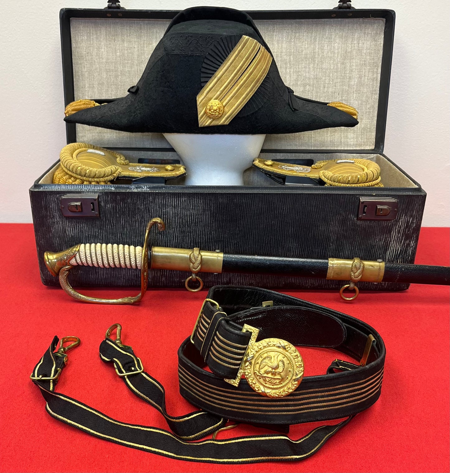 U.S.N Navy Officer's Bicorn Hat, Epaulettes, Sword & Belt - Cased Set