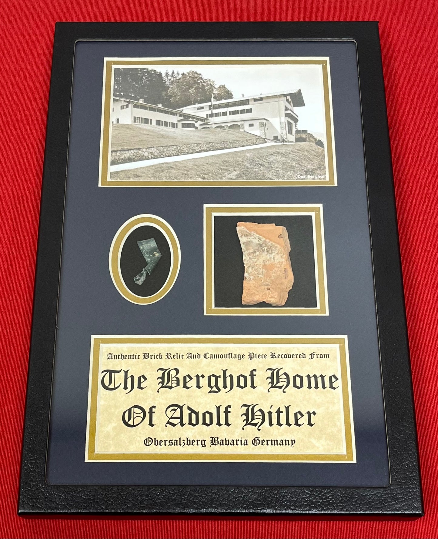 Authentic Brick From Adolf Hitler’s Berghof (Mountain Home) And Camo Piece In Deluxe Collector’s Glass Case Certified By The Gettysburg Museum Of History