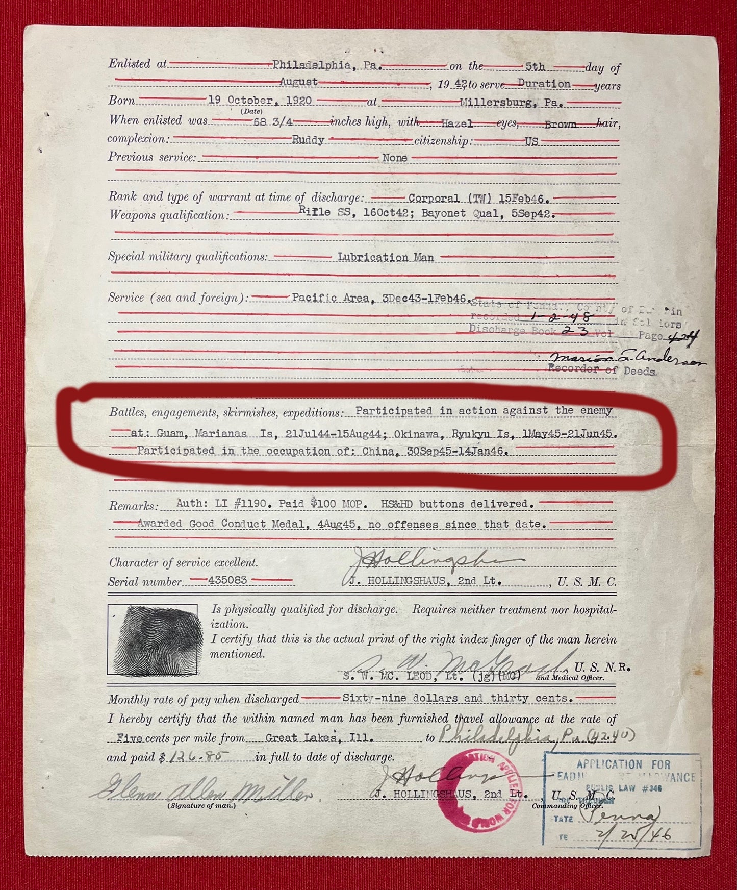 WW2 U.S.M.C Marine Okinawa Grouping of Corporal Glenn Miller of Millersburg, Pa