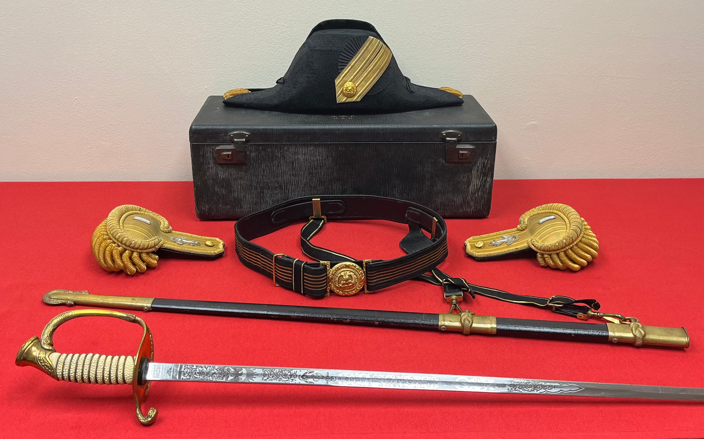 U.S.N Navy Officer's Bicorn Hat, Epaulettes, Sword & Belt - Cased Set