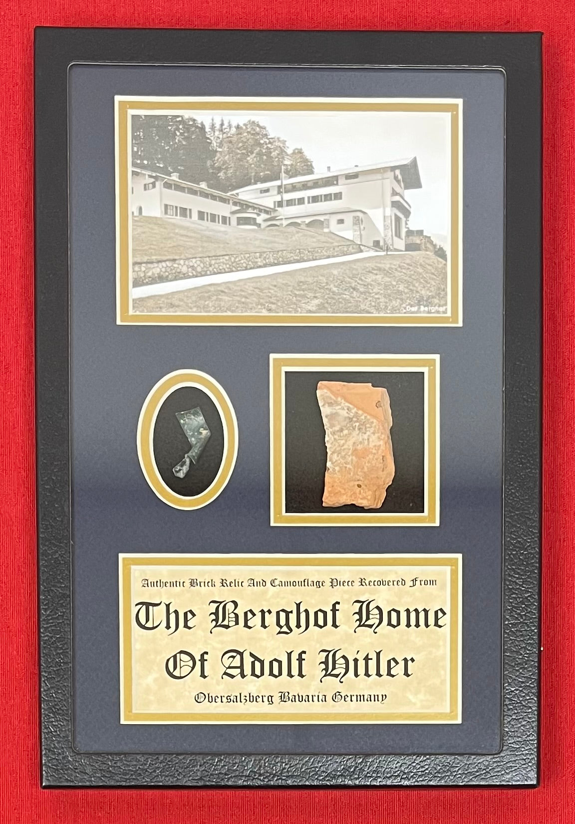 Authentic Brick From Adolf Hitler’s Berghof (Mountain Home) And Camo Piece In Deluxe Collector’s Glass Case Certified By The Gettysburg Museum Of History