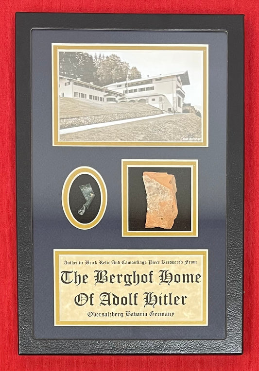 Authentic Brick From Adolf Hitler’s Berghof (Mountain Home) And Camo Piece In Deluxe Collector’s Glass Case Certified By The Gettysburg Museum Of History