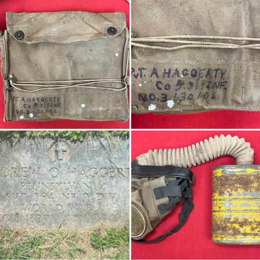 Original U.S. WWI M1917 SBR Gas Mask & Carry Bag - 91st Division Andrew Haggerty