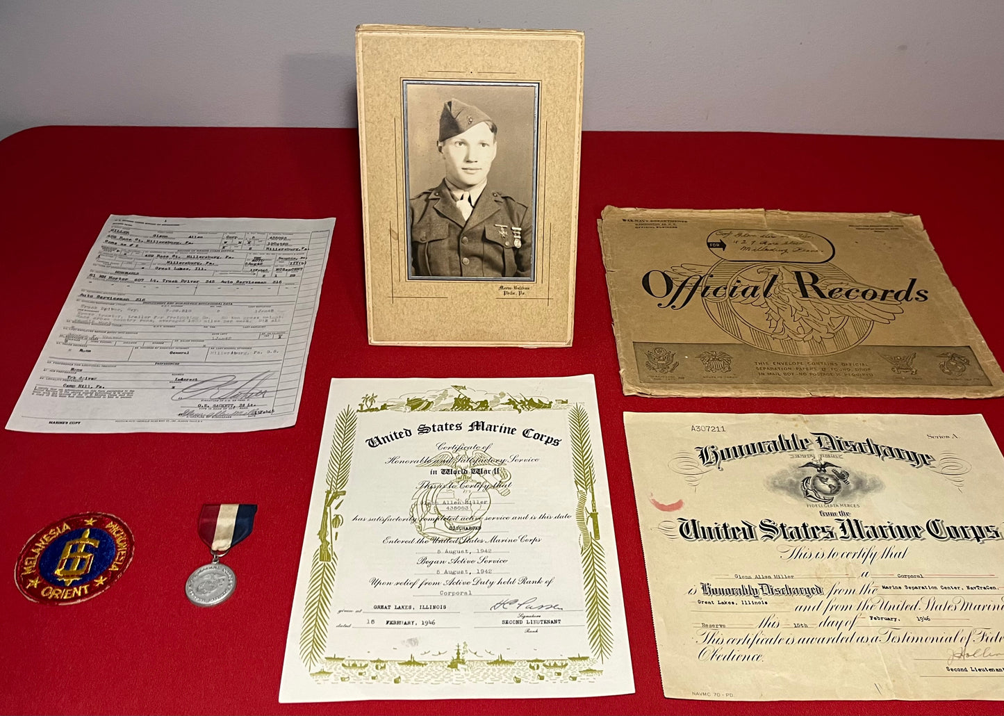 WW2 U.S.M.C Marine Okinawa Grouping of Corporal Glenn Miller of Millersburg, Pa