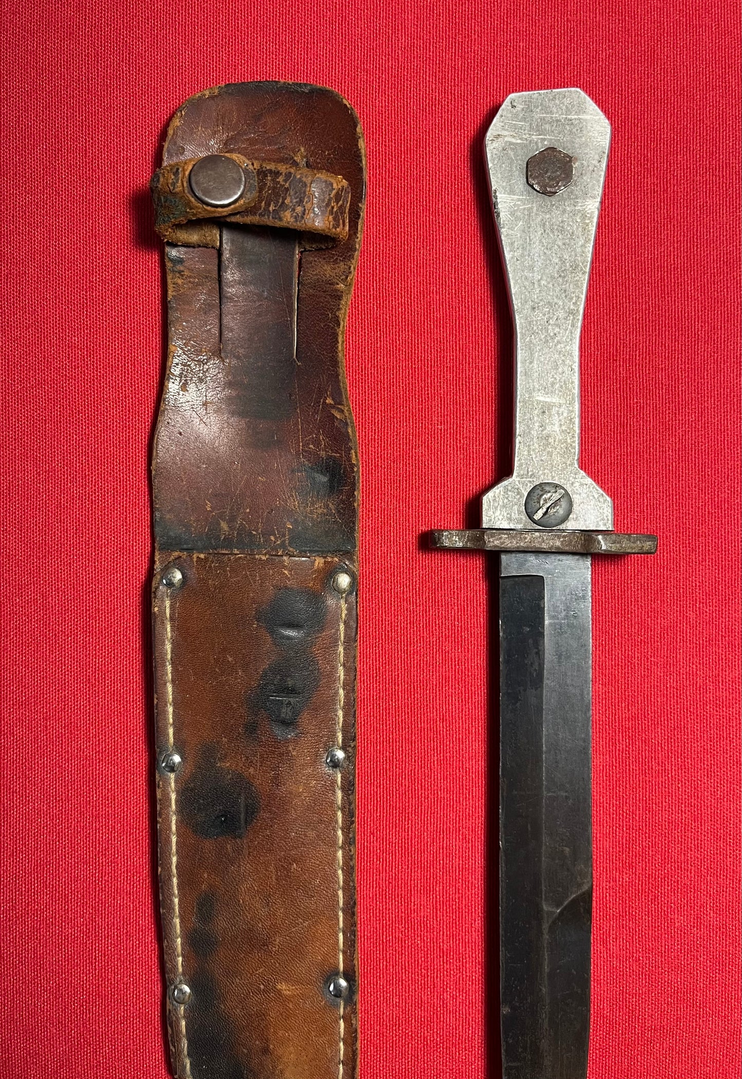 Scarce WW2 U.S. (Coffin Handle) M3 Fighting Knife & Scabbard / Theater Made Trench Art