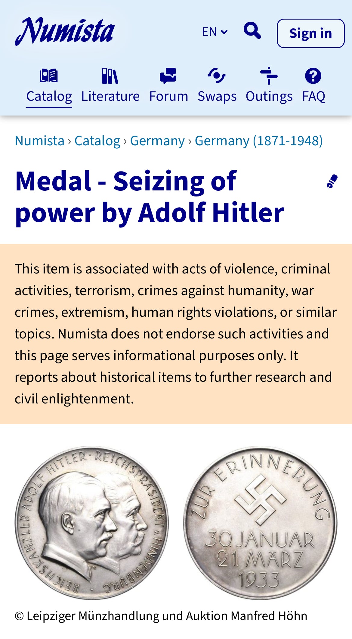 WW2 German .999 Silver Medal - Seizing of Power by Adolf Hitler
