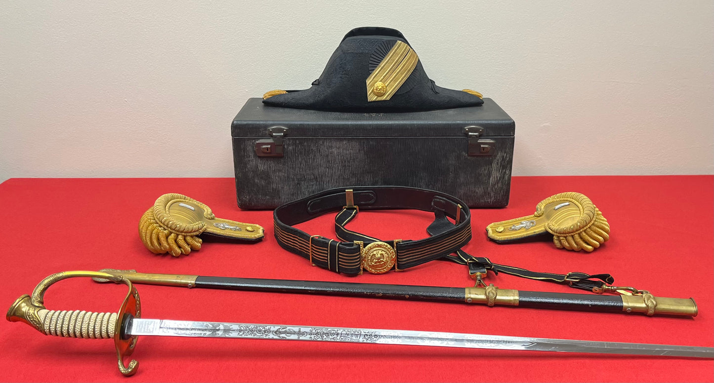 U.S.N Navy Officer's Bicorn Hat, Epaulettes, Sword & Belt - Cased Set