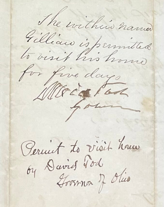 Civil War Document Letter Co. D 2nd VA Calvary - Camp Piatt VA 1862 Permission to visit home 5 Days / Signed by The Governor of Ohio