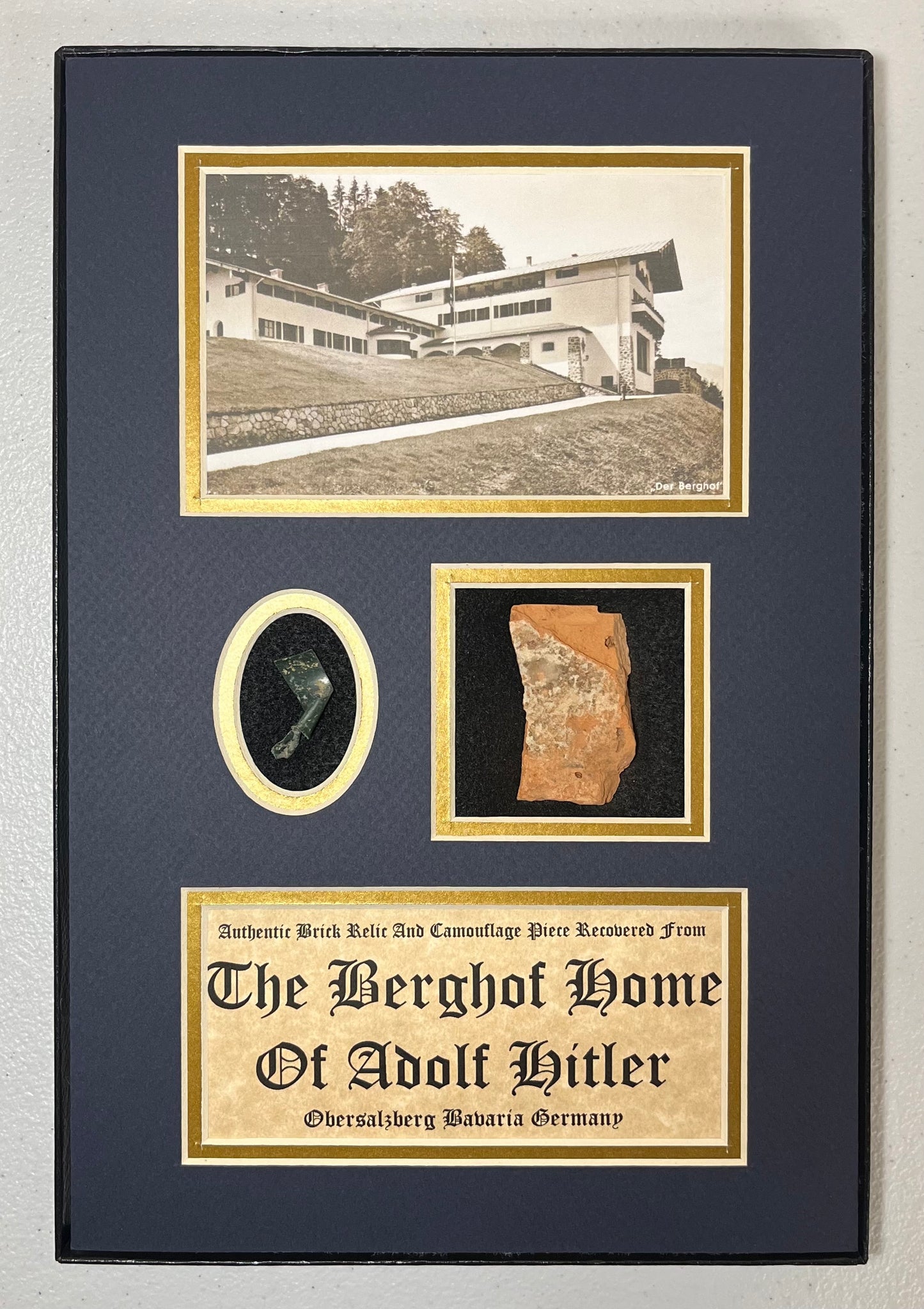 Authentic Brick From Adolf Hitler’s Berghof (Mountain Home) And Camo Piece In Deluxe Collector’s Glass Case Certified By The Gettysburg Museum Of History
