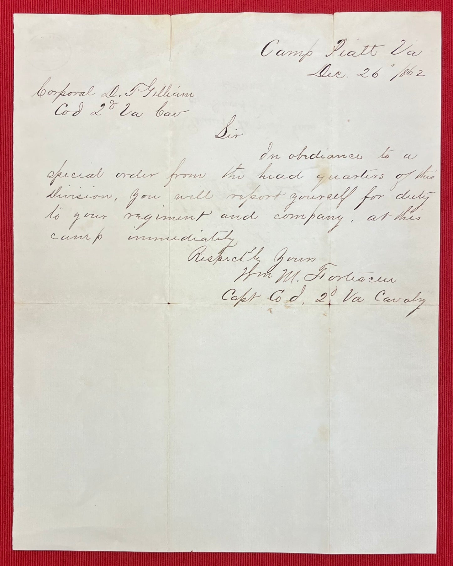 Civil War Document Letter Co. D 2nd VA Calvary - Camp Piatt VA 1862 Permission to visit home 5 Days / Signed by The Governor of Ohio