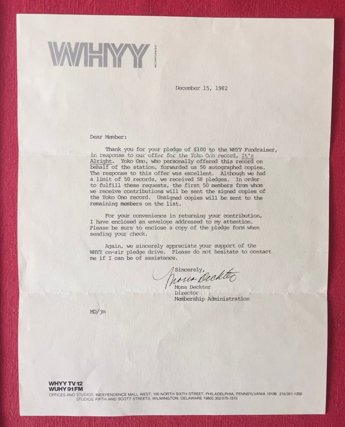 Yoko Ono- WHYY Radio Station LP Record (Personally Owned) & Signed Copy w/ Letter 1 of 50 Beatles!!!