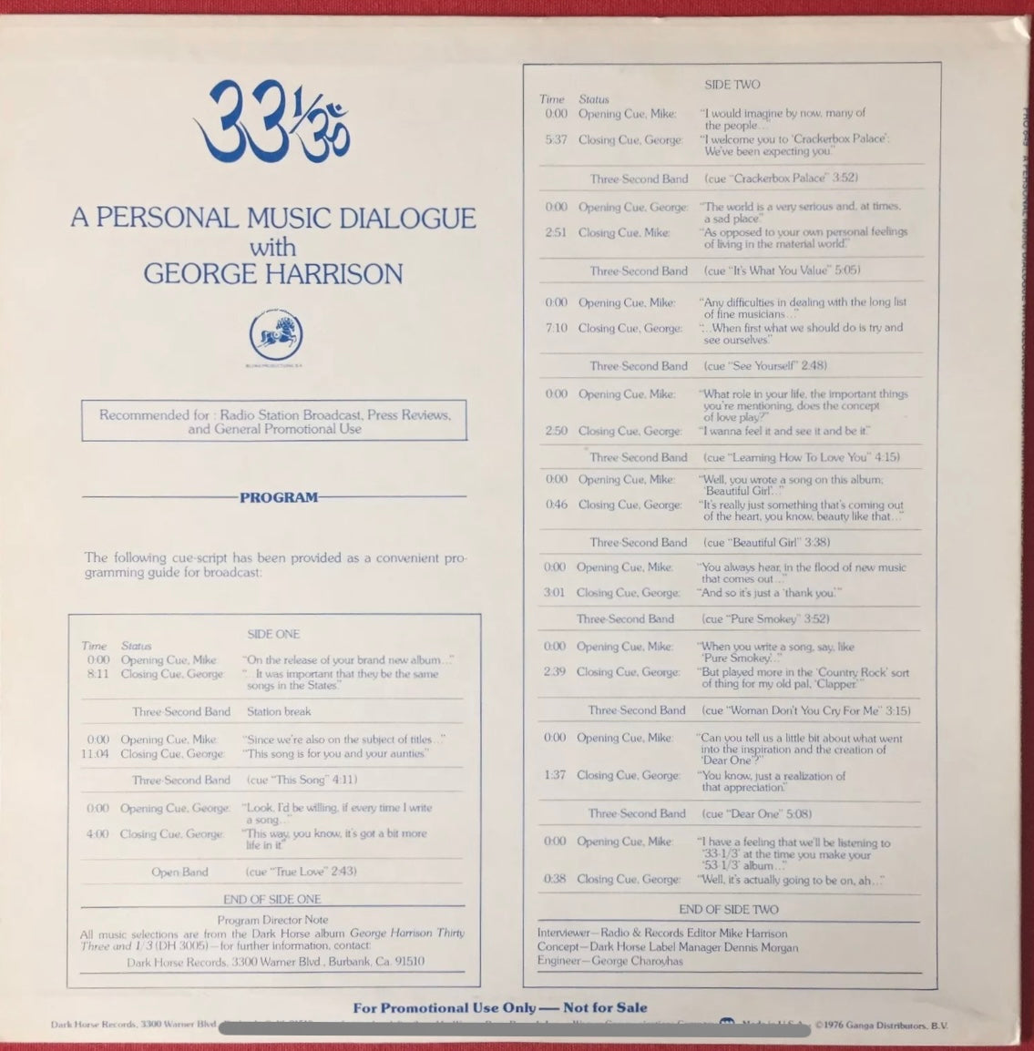 George Harrison- A Personal Music Dialogue (Promo Copy) Dark Horse Record / Beatles